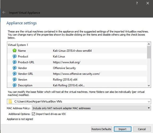 virtualbox kali linux settings